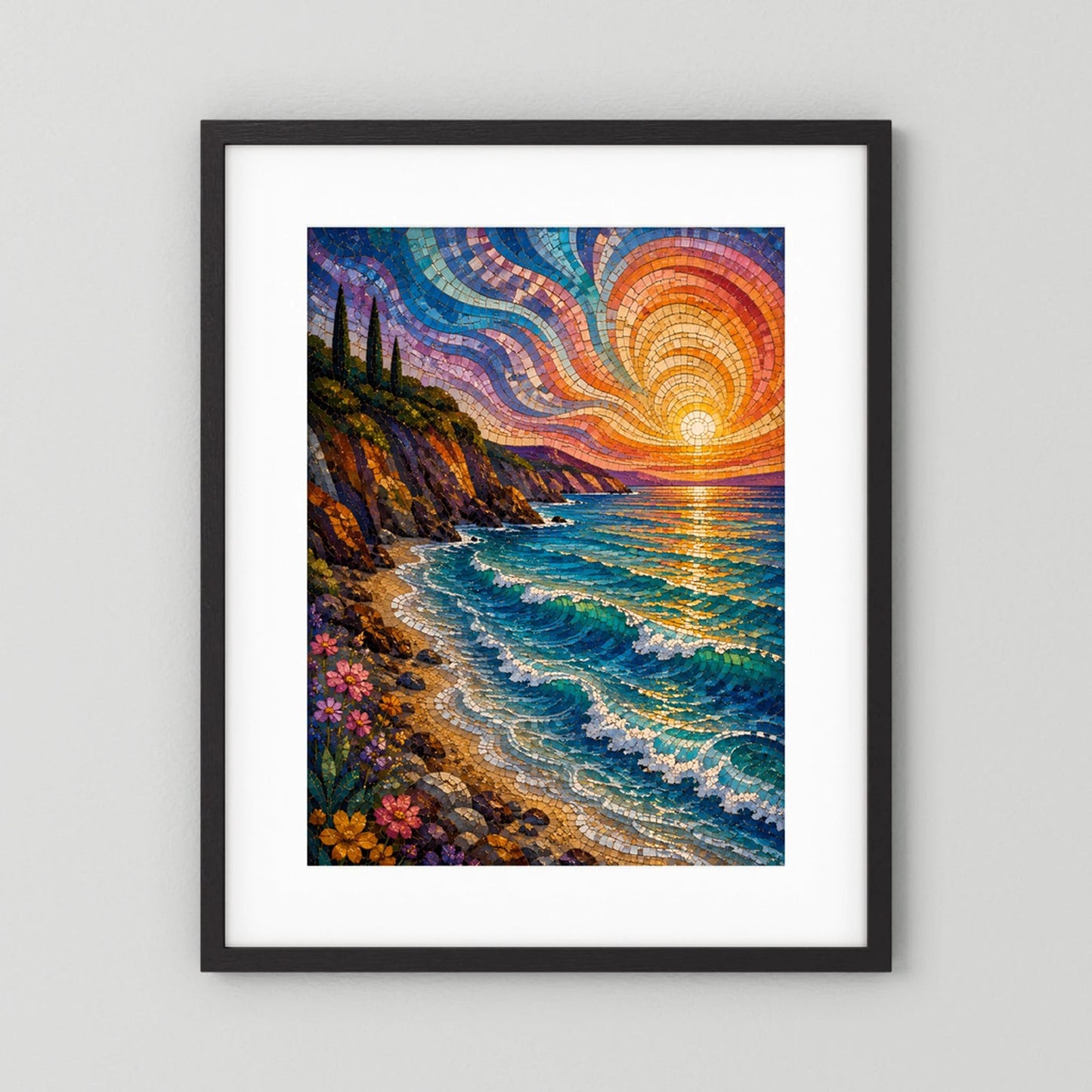 Mediterrane Küste im Mosaikstil | Sonnenuntergang am türkisblauen Meer | Poster Hochformat