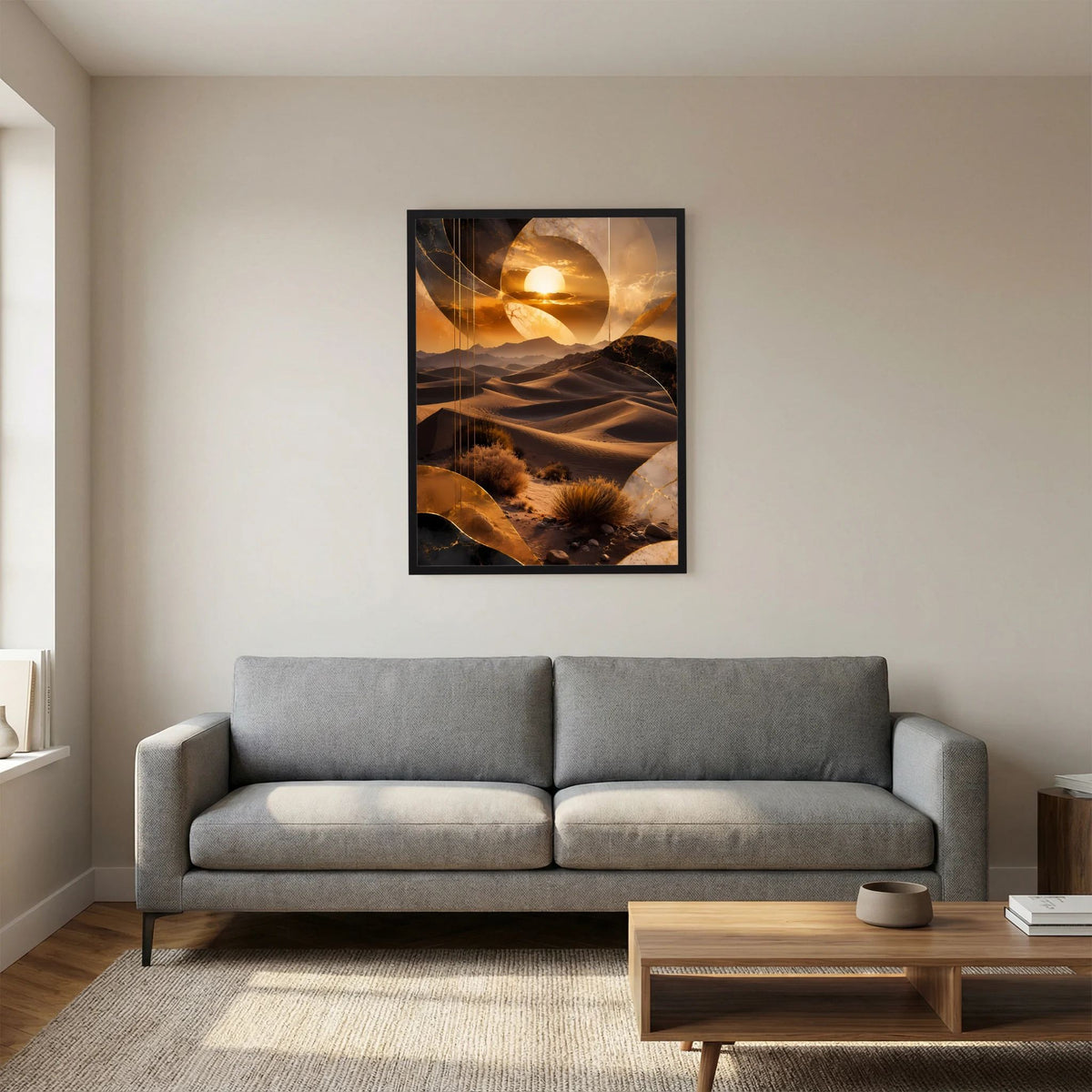 Hochformat-Poster mit goldenem Wüstenbild, Sonnenkreis und Sanddünen, schwarzer Rahmen