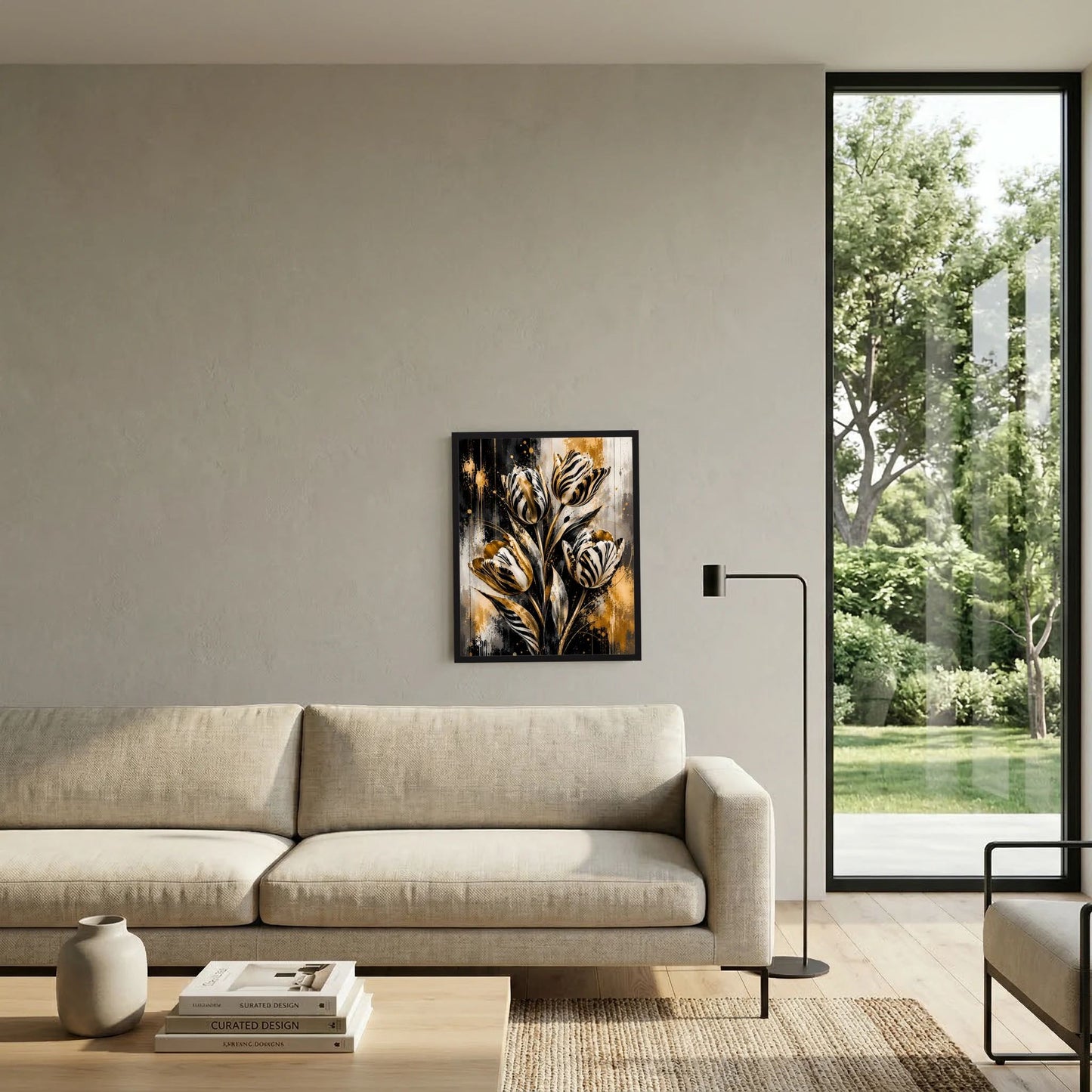 Gerahmtes Wandposter mit abstrakten Tulpenmotiven in Schwarz, Weiß und Gold, hochformat