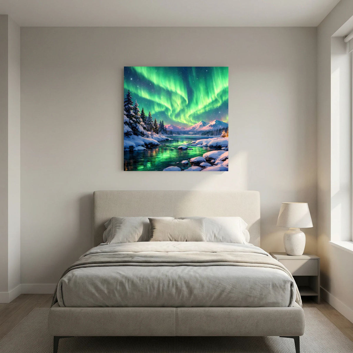 Leinwandbild mit grünen Polarlichtern über Winterlandschaft mit Fluss und Schneesteinen auf Holzkeilrahmen