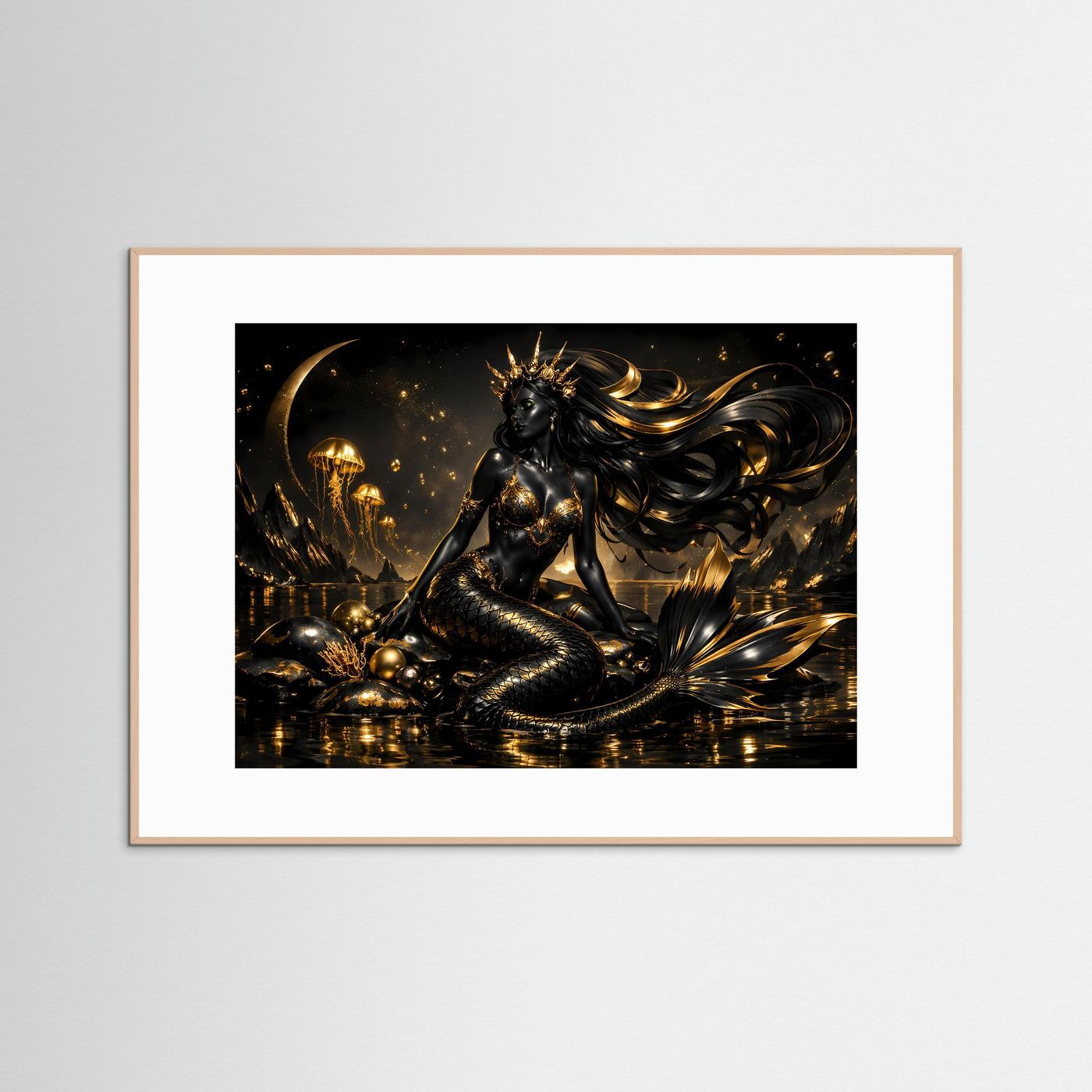 Schwarze Meerjungfrau mit Goldkrone & Quallen | Mystisches Wandbild Querformat