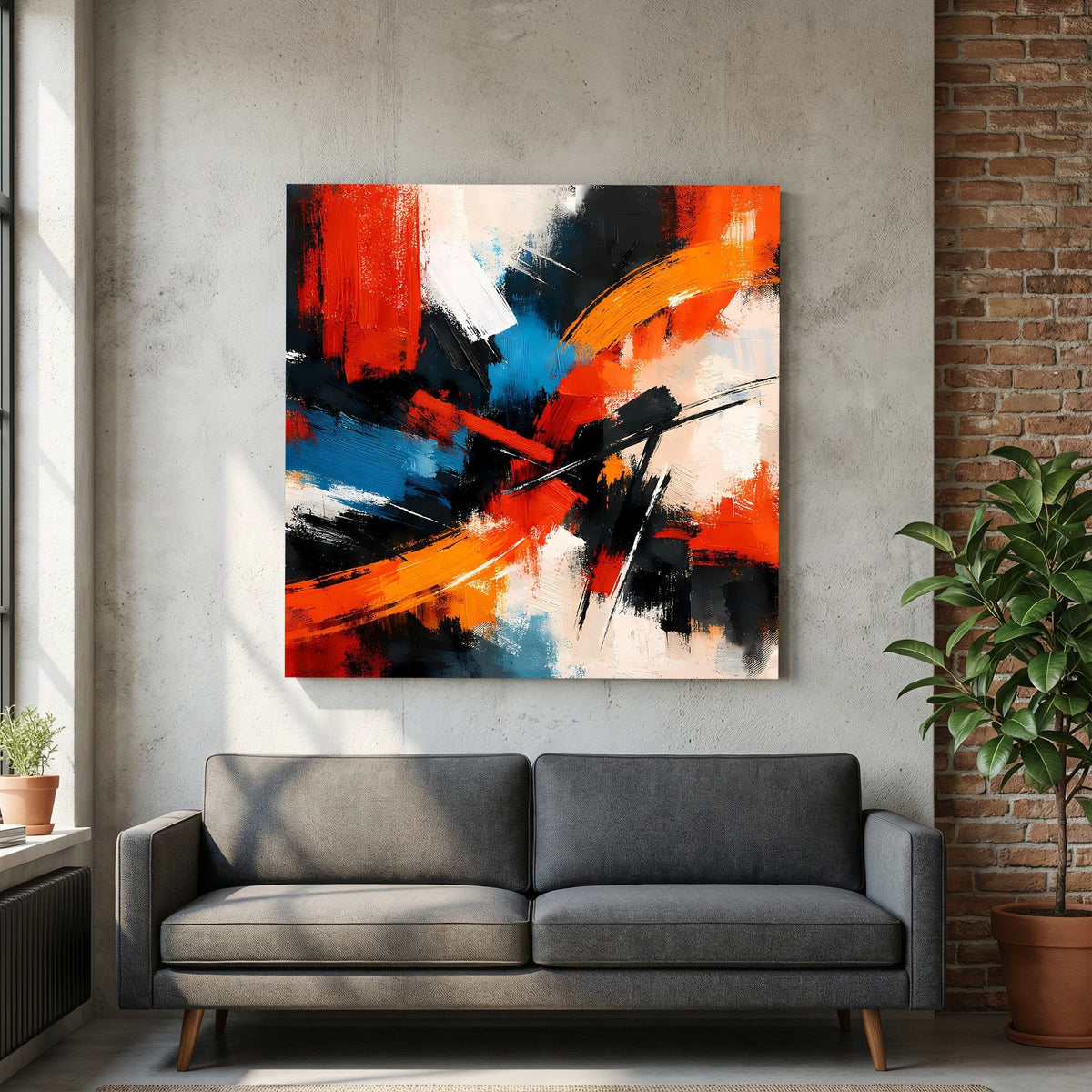 Abstraktes Leinwandbild mit gestischem Pinselauftrag in Rot, Orange, Blau und Schwarz auf schwarzem Holzkeilrahmen