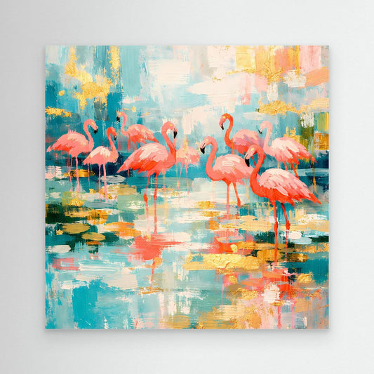 Leinwandbild mit bunten Flamingos auf abstraktem See, ohne Rahmen