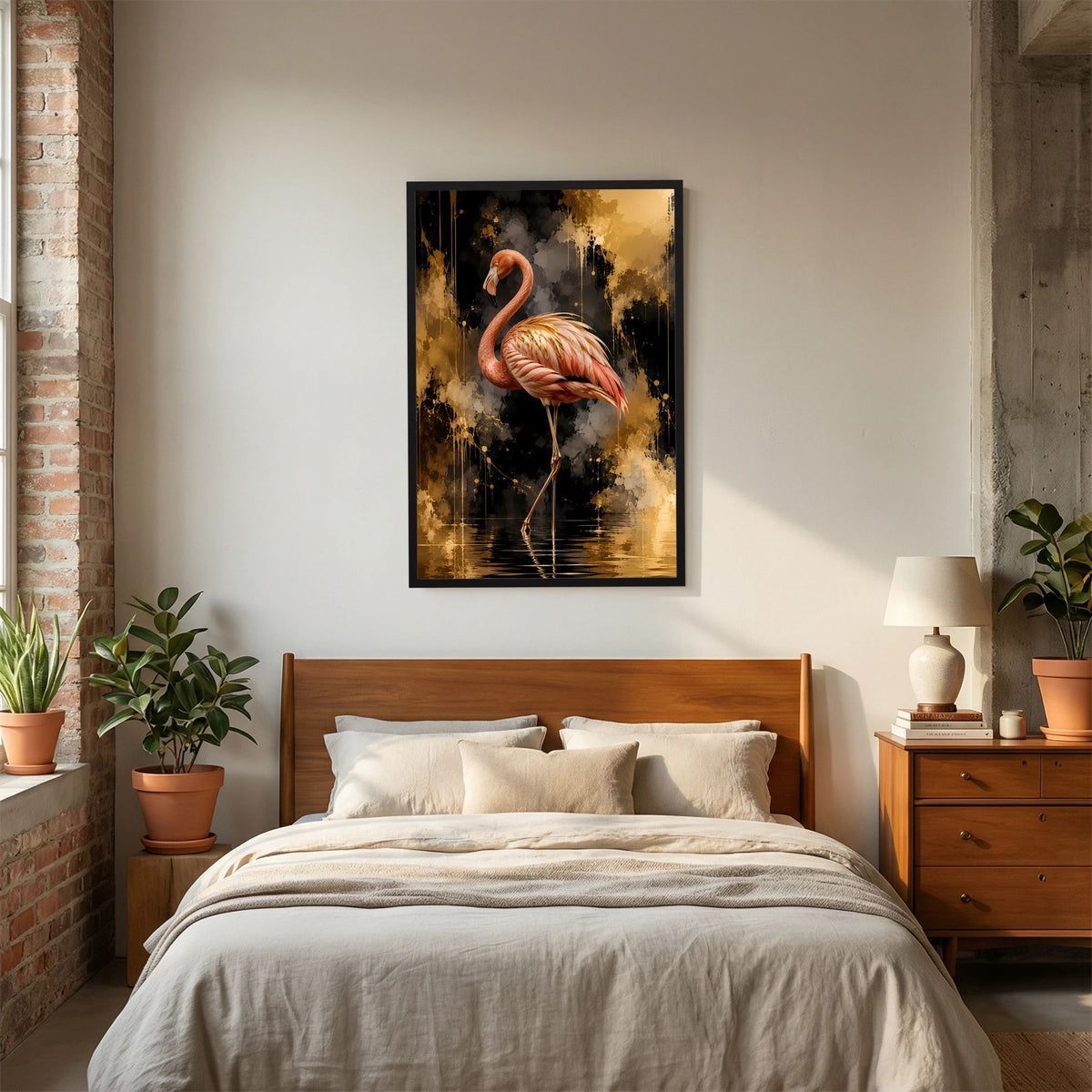 Schwarz gerahmtes Poster mit rosa Flamingo vor gold-schwarzen Spritzmustern