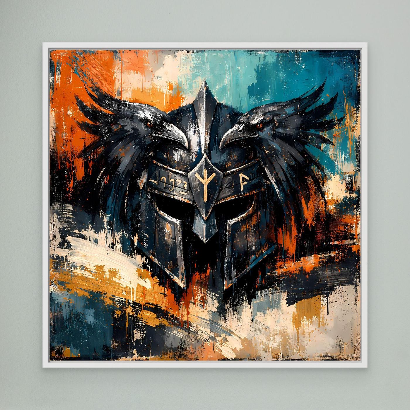 Wandbild mit schwarzem Odins-Helm und Raben, weißer Rahmen