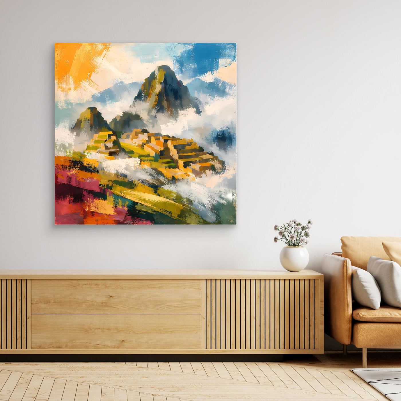 Quadratisches Leinwandwandbild mit abstrakter Inka-Berglandschaft, leuchtende Farben, ohne Rahmen
