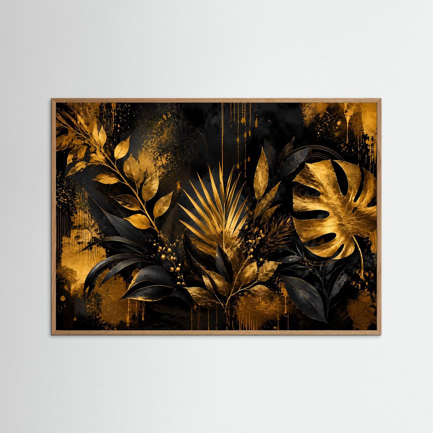 Tropenblatt-Poster im Querformat mit goldenen Blättern, naturfarbener Eichenrahmen