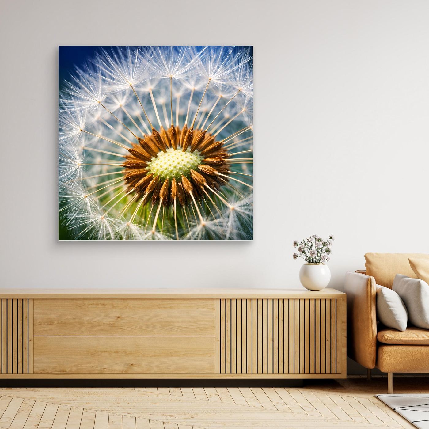 Gerahmtes Leinwandbild mit Pusteblume-Makro, braunes Korn und helle Fäden auf Blau-Grün