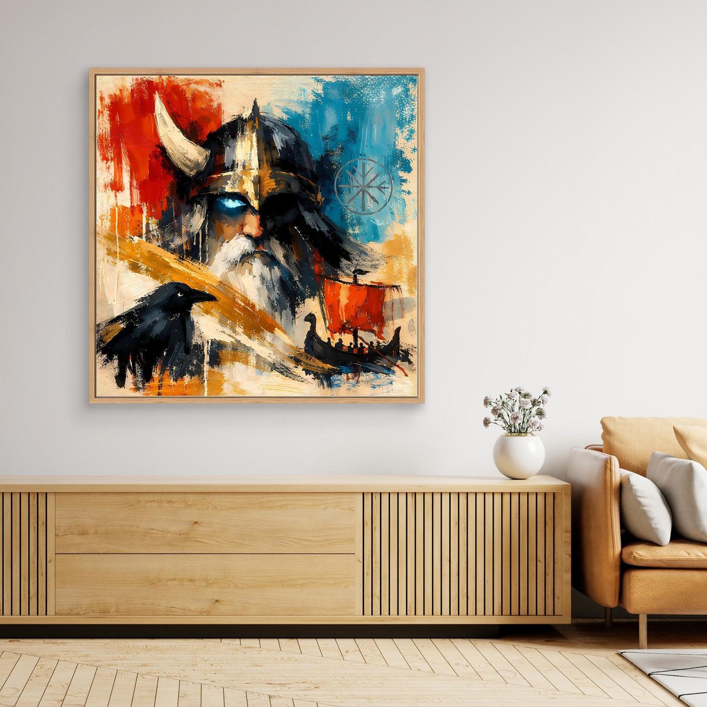 Nordic framed canvas wall art of a Viking warrior with raven, light wood frame, abstract colors