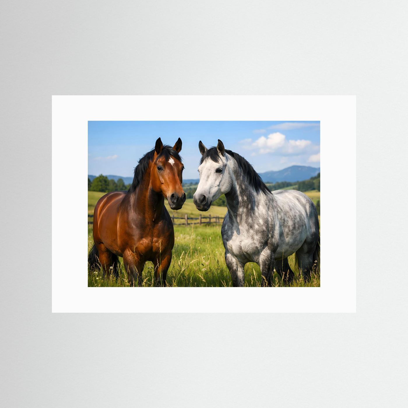 Wildtierposter mit zwei Pferden, braun und weiß-grau, mit weißem Passepartout