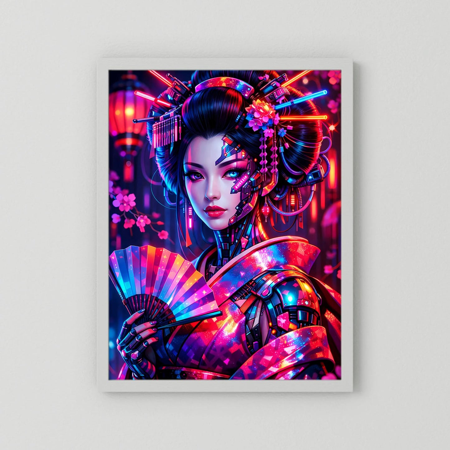 Neonkunst-Poster Cyber-Geisha, ohne Rahmen, weißer Rand, Hochformat.