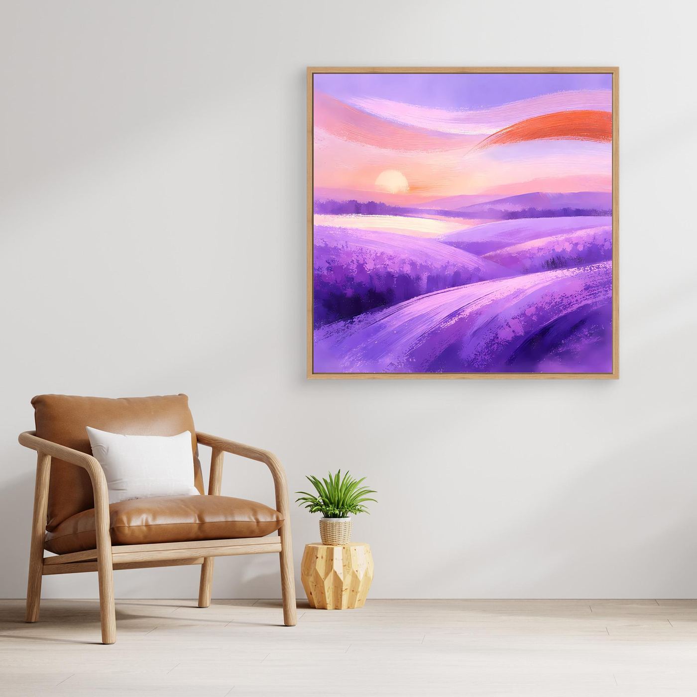 Quadratisches Leinwandbild mit Rahmen, Lavendelfeld-Abstrakt in Violett und Orange