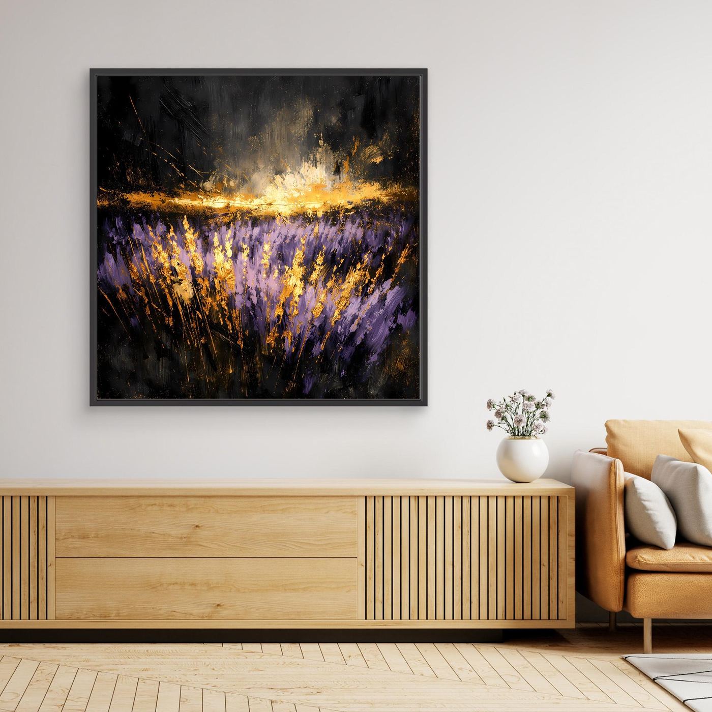 Leinwand Mystisches Lavendelfeld bei Nacht | Abstraktes Natur Wandbild Moderne Kunst