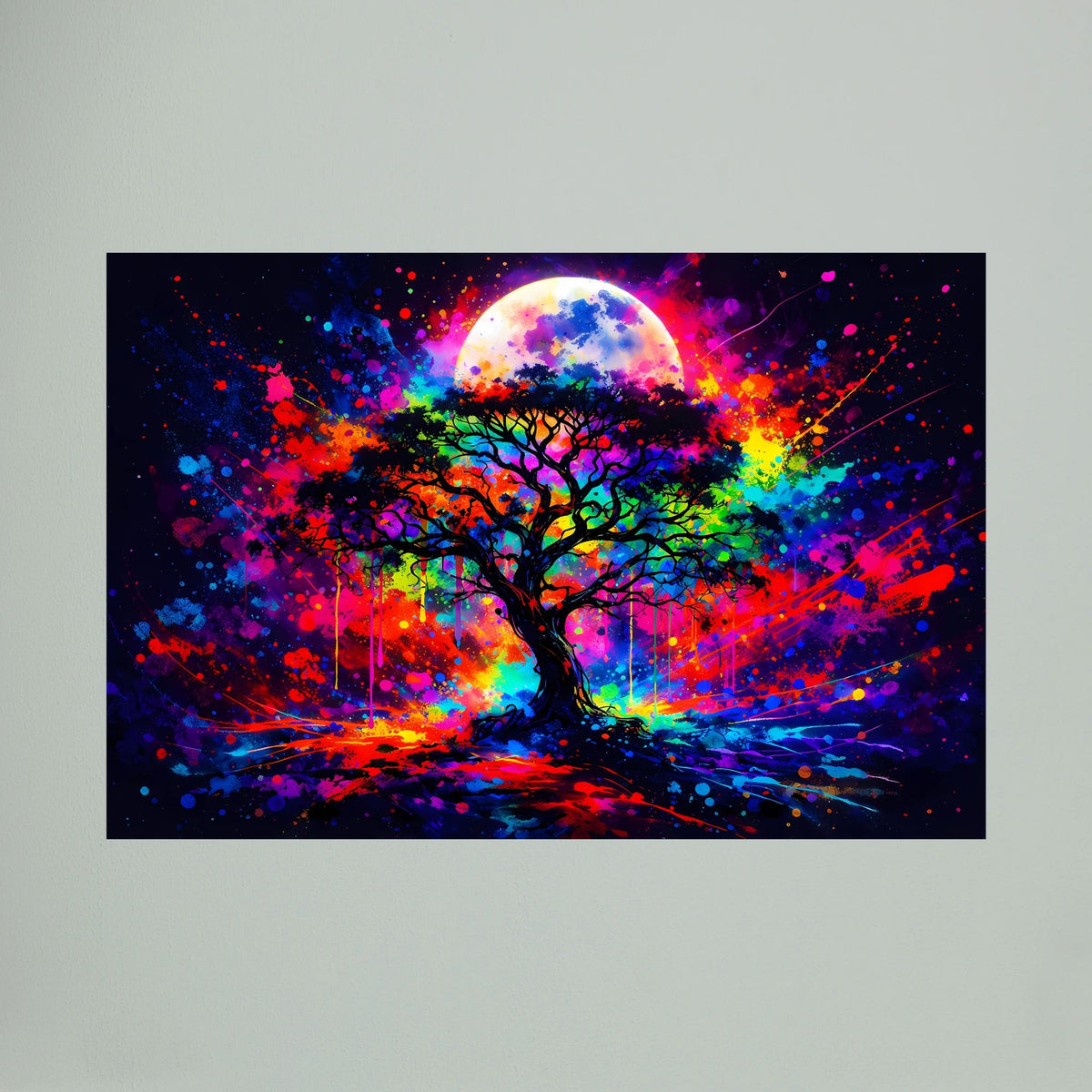Nahansicht: Wandbild mit Baum, Vollmond und farbigen Neon-Flecken, querformat