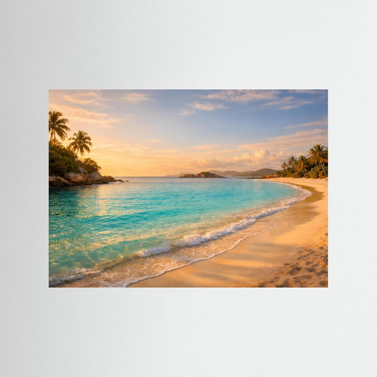 Querformat-Poster mit tropischem Strand, türkisfarbenem Wasser und Palmen bei Sonnenuntergang