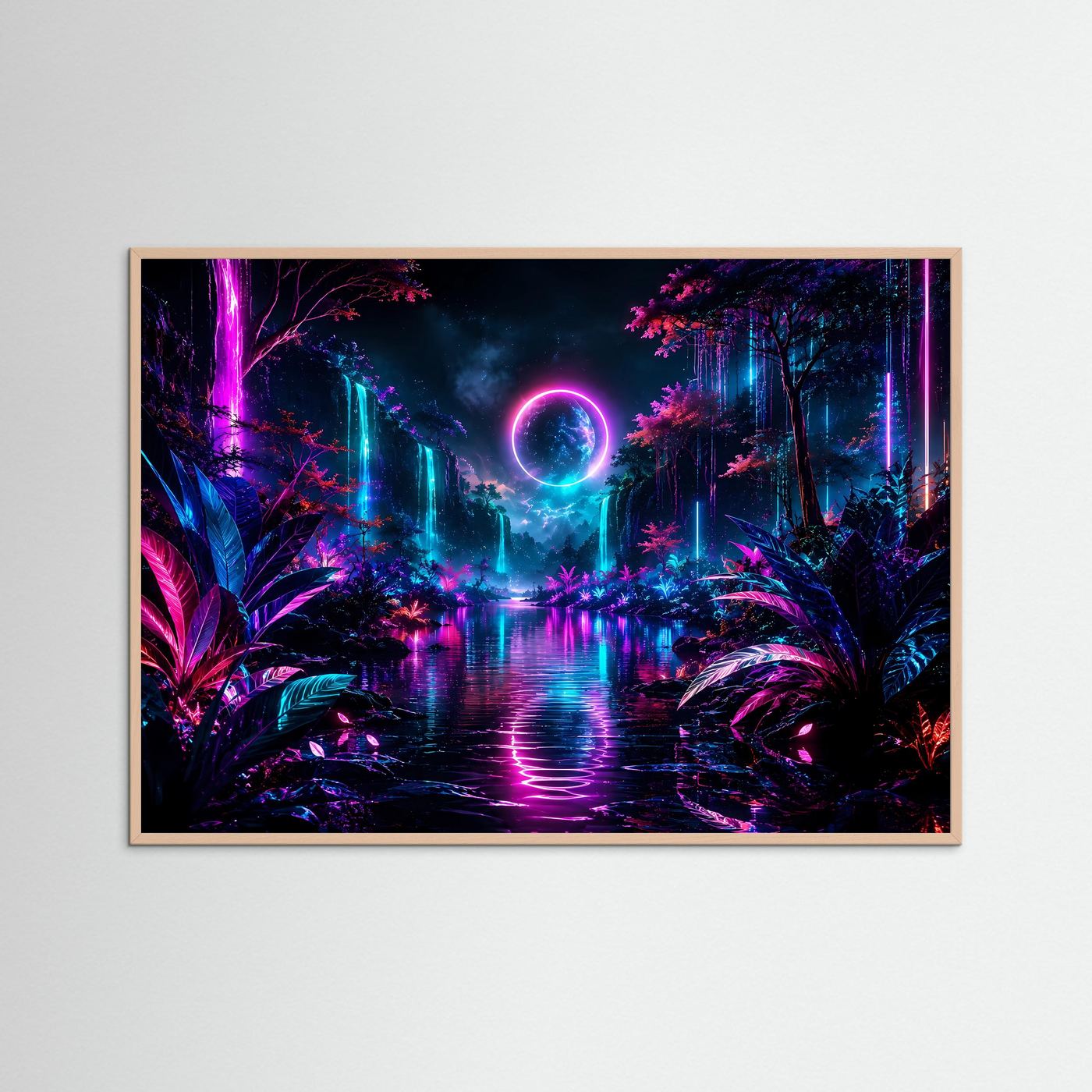 Neon Fantasy Landschaft Poster | Leuchtender Wasserfall Wandkunst | Futuristische Natur | Cyberpunk Landschaft in Pink & Blau