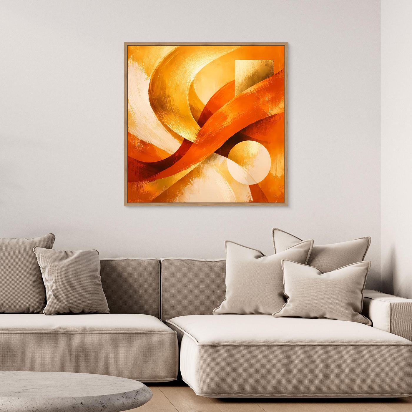 Quadratisches, orange gerahmtes Leinwandbild: goldene Wellen und warme Orange-Töne abstrakt.