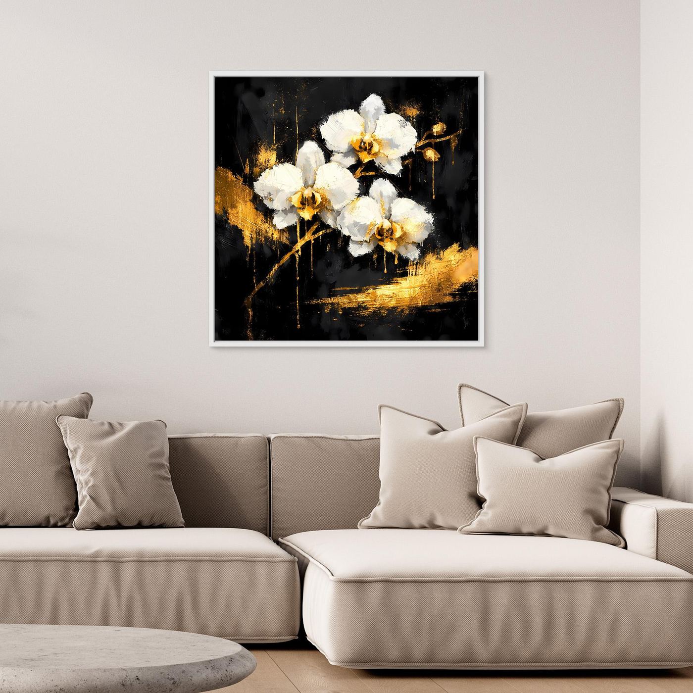 Leinwand Elegante Orchideen in Gold und Schwarz | Modernes Florales Luxus Wandbild