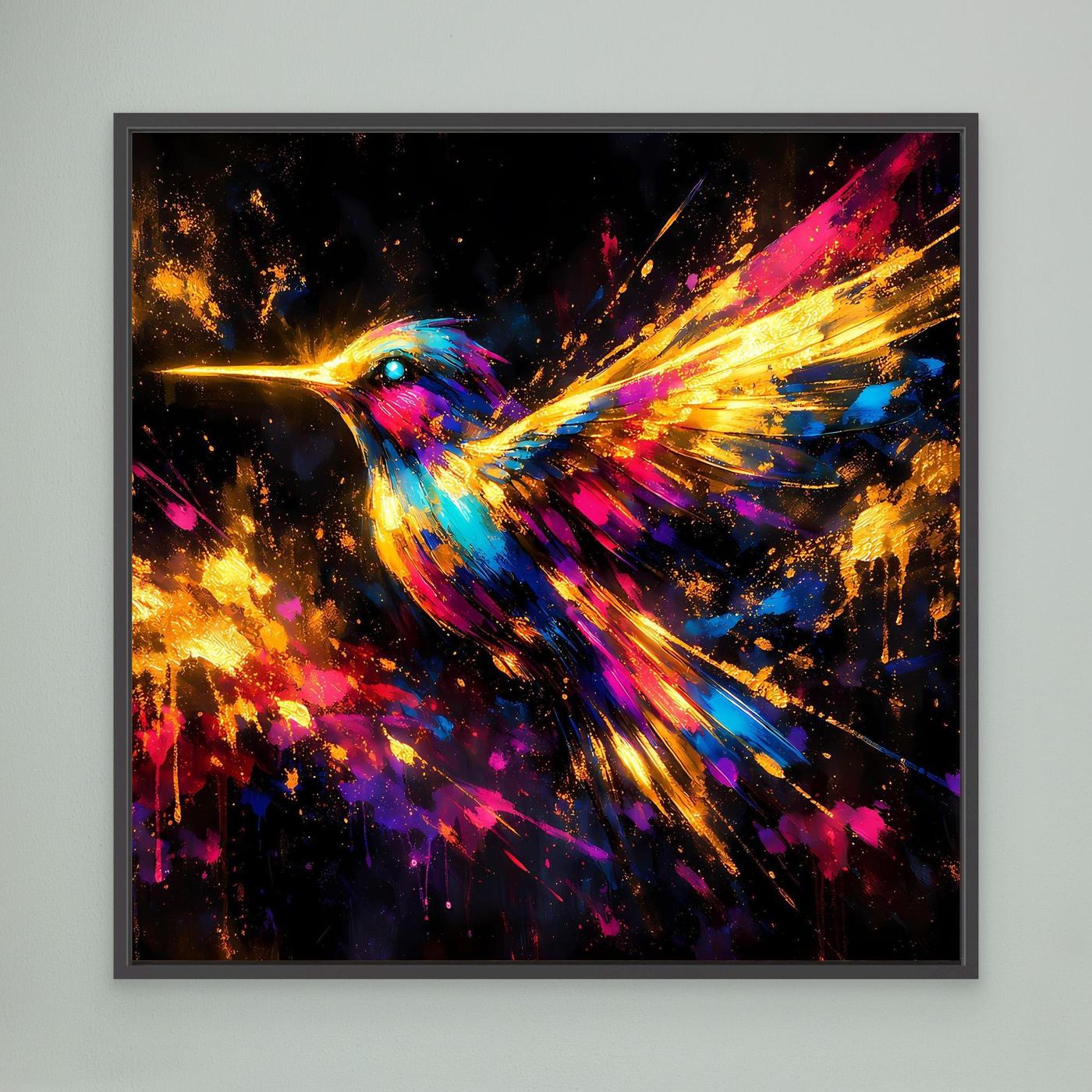 Leinwand Farbenfroher Kolibri im Flug | Abstraktes Modernes Wandbild Bunt