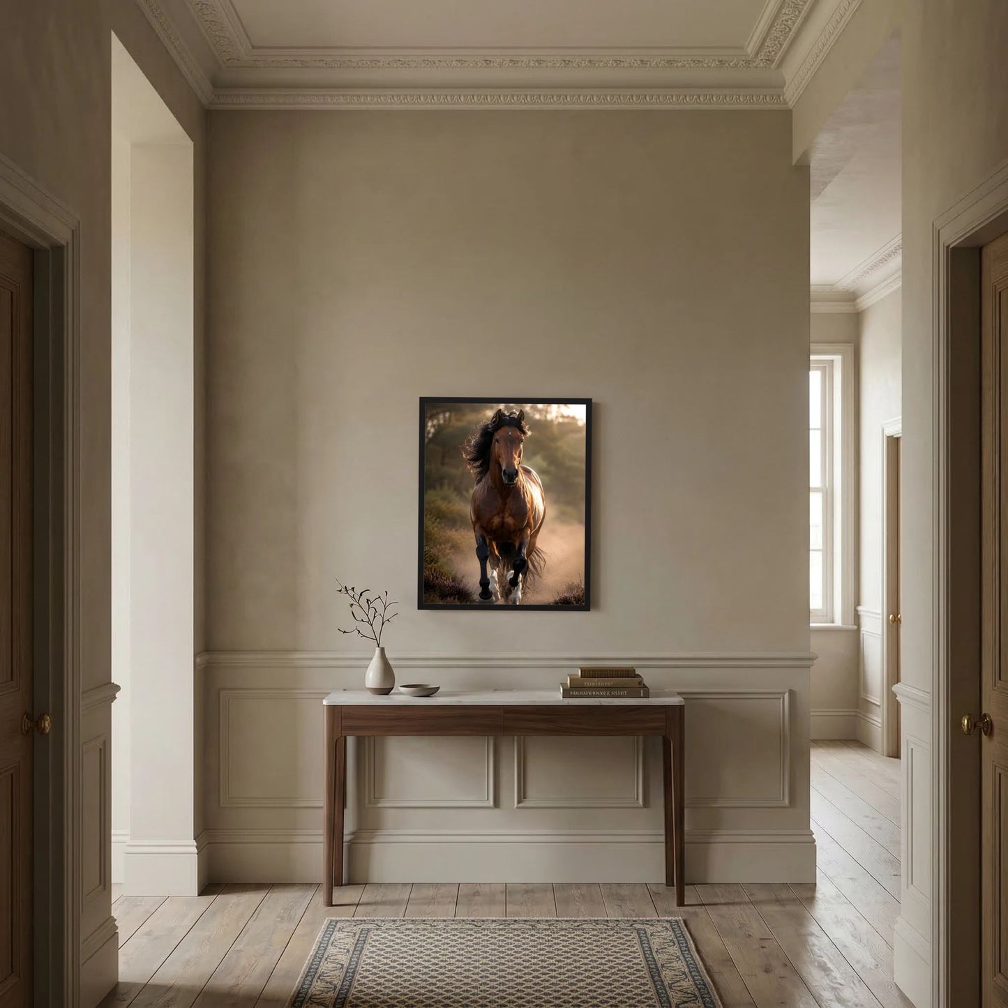 Hochformatiger Kunstdruck: brauner Hengst im Galopp, dunkler Rahmen, fokussierter Blick
