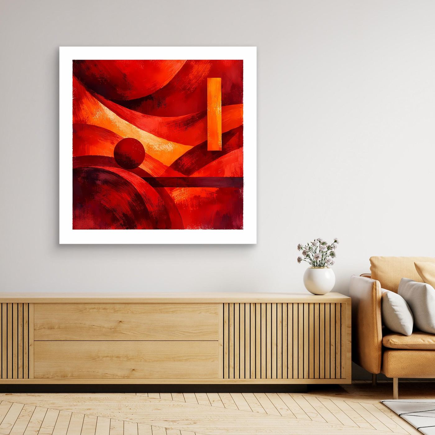 Leinwandbild mit abstrakten roten, orangefarbenen und schwarzen Geometrien, weiß gerahmt