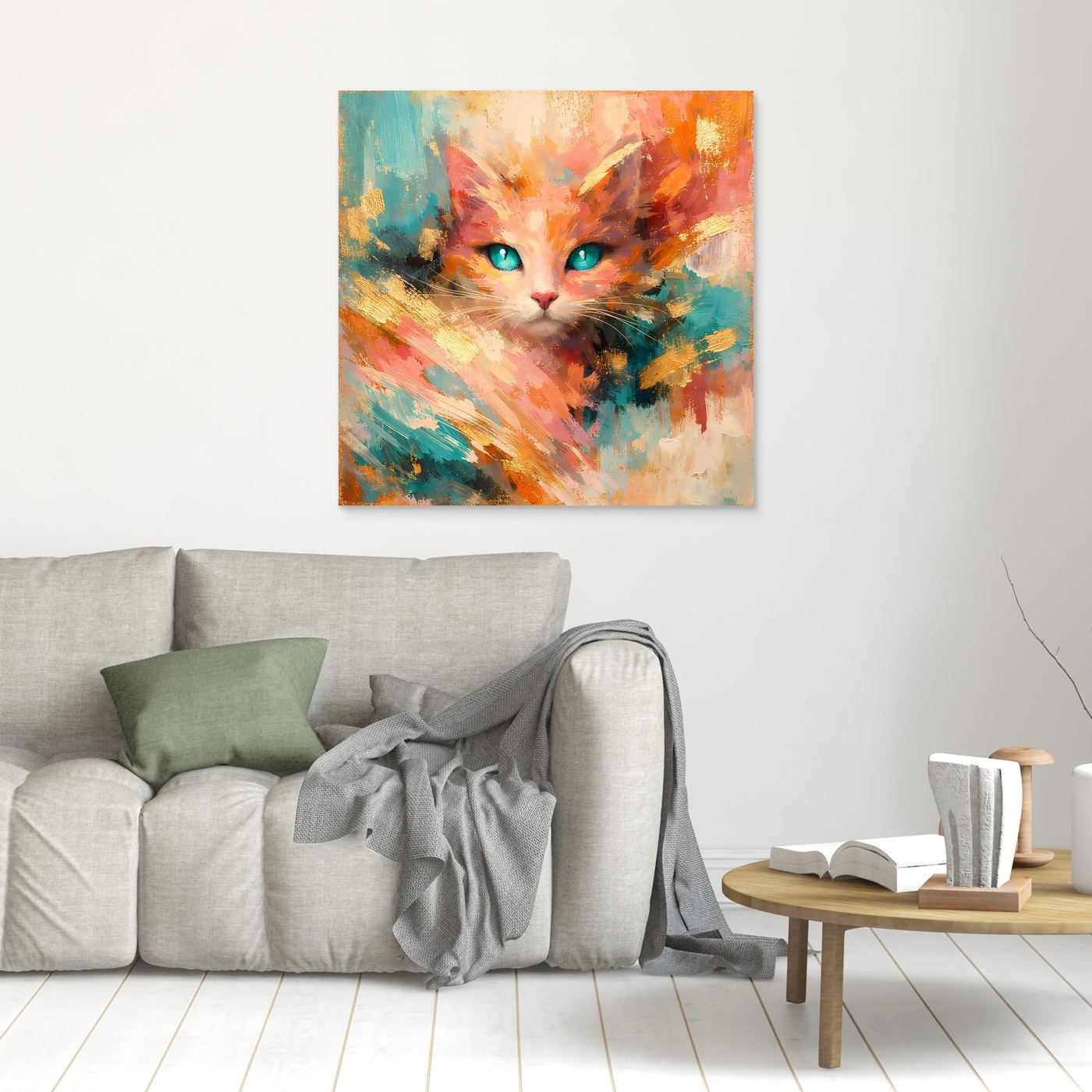 Leinwandbild abstrakte Katze mit türkisfarbenen Augen, braun gerahmt
