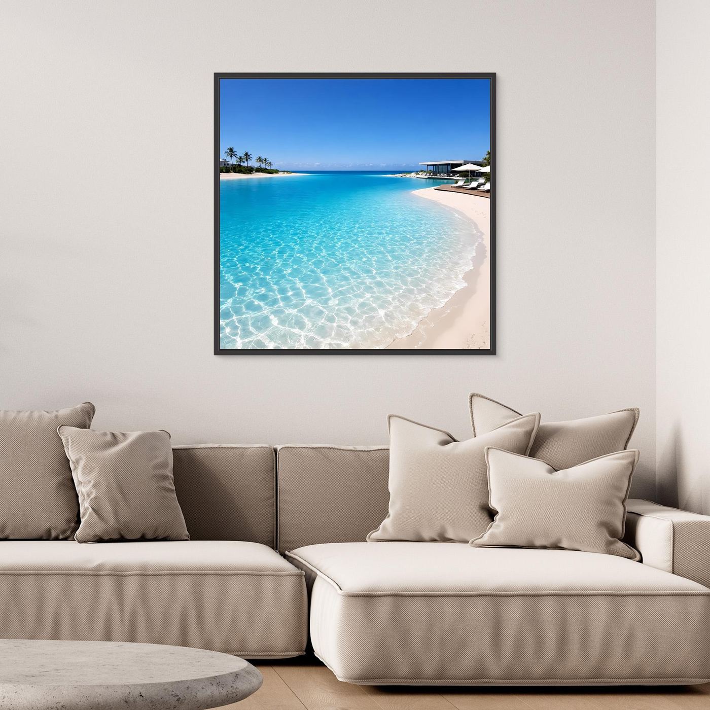 Leinwandbild Tropische Lagune mit schwarzem Rahmen: türkisblaues Wasser und Strand