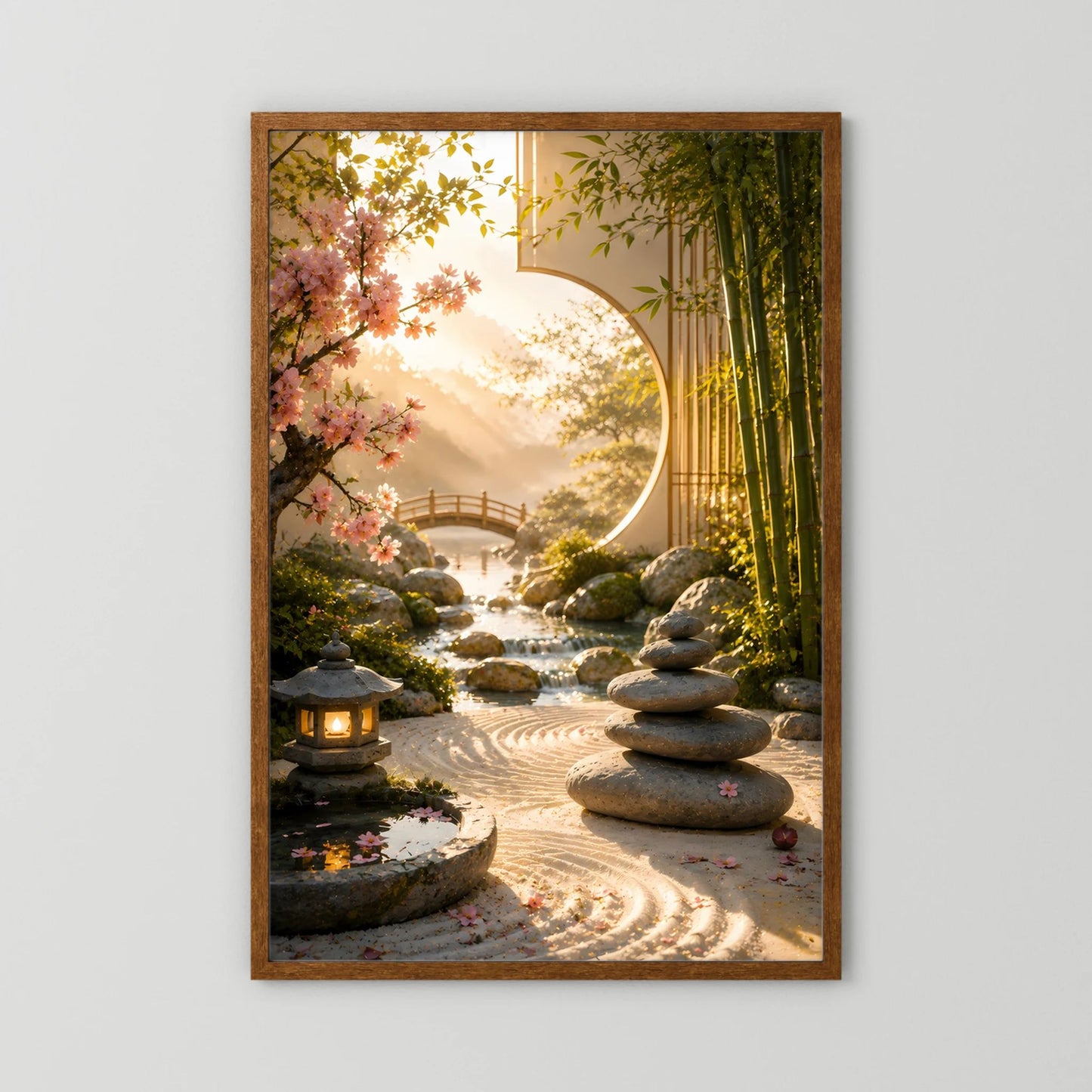 Hochformat-Poster Zen-Garten im Holzrahmen: Bambus, Kirschblüten, Kiesweg, Steinlaterne und Steinhaufen
