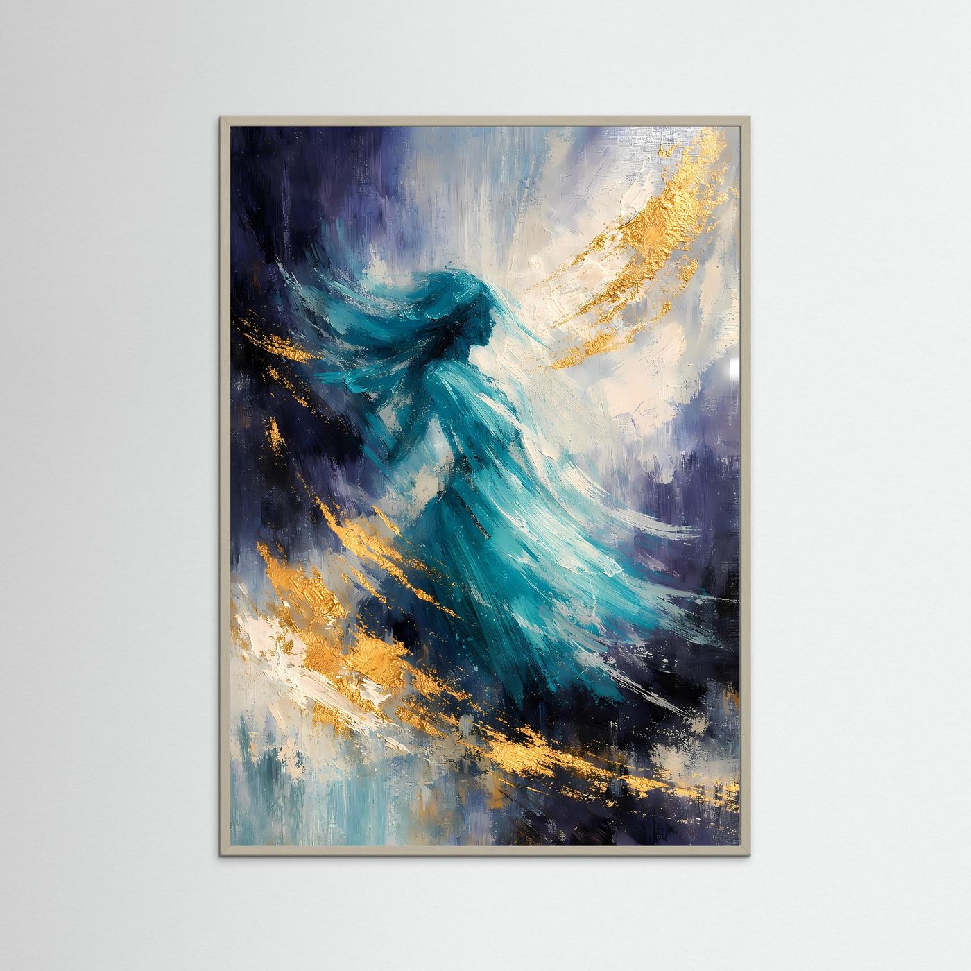 Abstraktes Fantasy-Poster im Hochformat mit hellem Rahmen, türkisblauer Bewegung und goldenen Spritzern