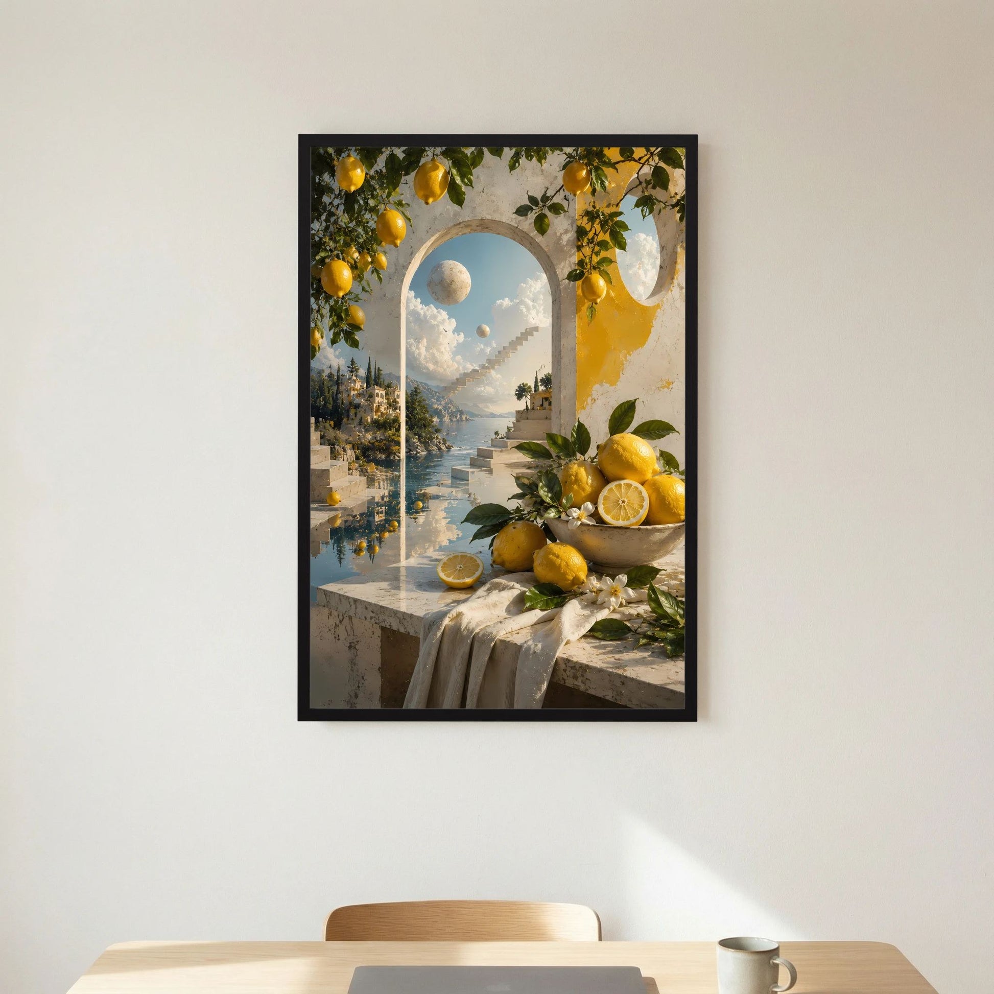 Kunstposter im Hochformat mit schwarzem Rahmen und Zitronen an der Mittelmeerküste