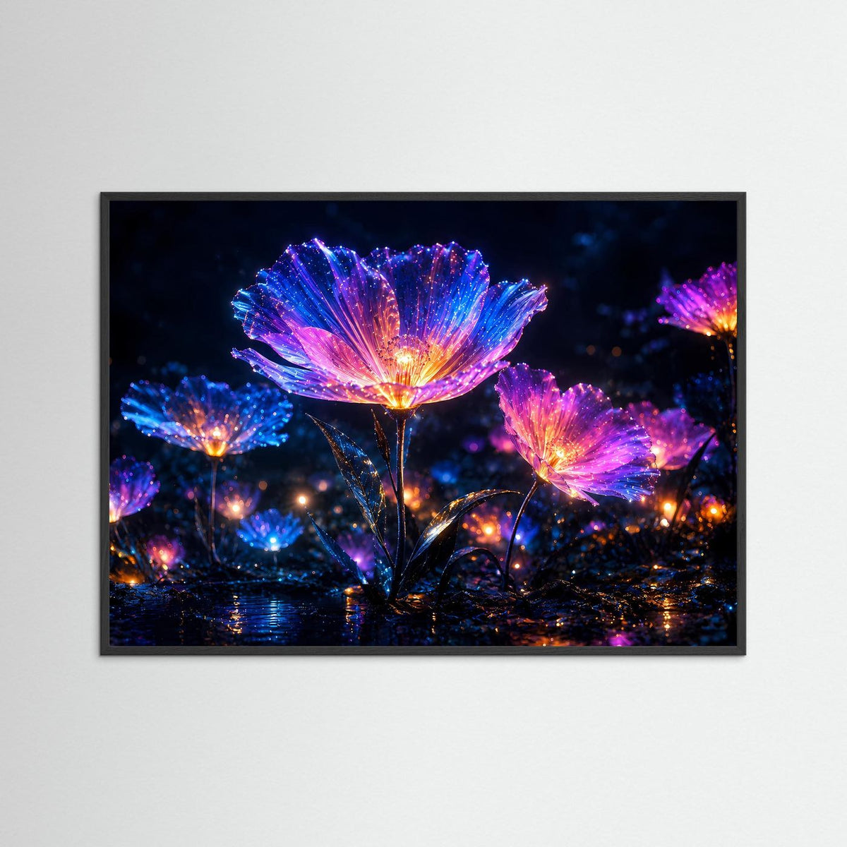 Wandbild mit leuchtenden Neonblumen in Blau, Pink und Violett, mit schwarzem Rahmen