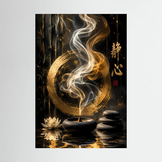 Hochformatiges Poster mit goldenem Kreis, aufsteigendem Rauch und Meditationssteinen, schwarz-gold