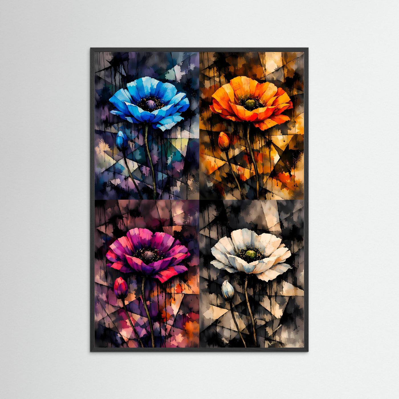 The Pop Art Poppies | Luxuriöses Mohnblumen Poster 4-in-1 Bunt & Dunkel | Abstraktes Blumen Kunstposter Hochformat