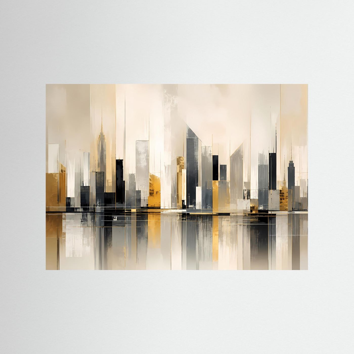 Querformat-Poster mit abstrakter Skyline in Beige, Schwarz und Gold, ohne Rahmen