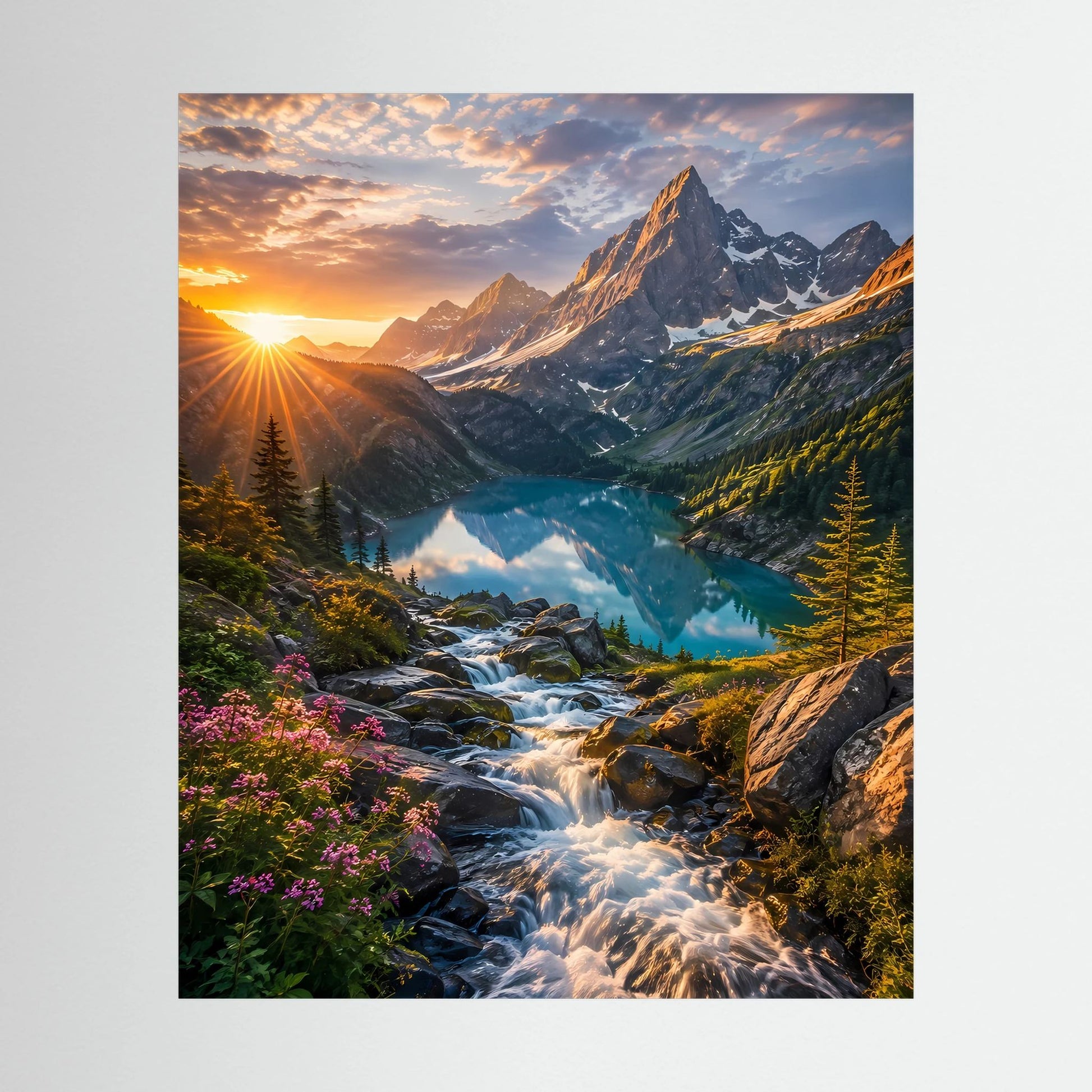 Poster im Hochformat mit Berglandschaft, Fluss und Wasserfall bei Sonnenuntergang
