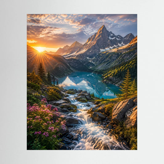 Poster im Hochformat mit Berglandschaft, Fluss und Wasserfall bei Sonnenuntergang