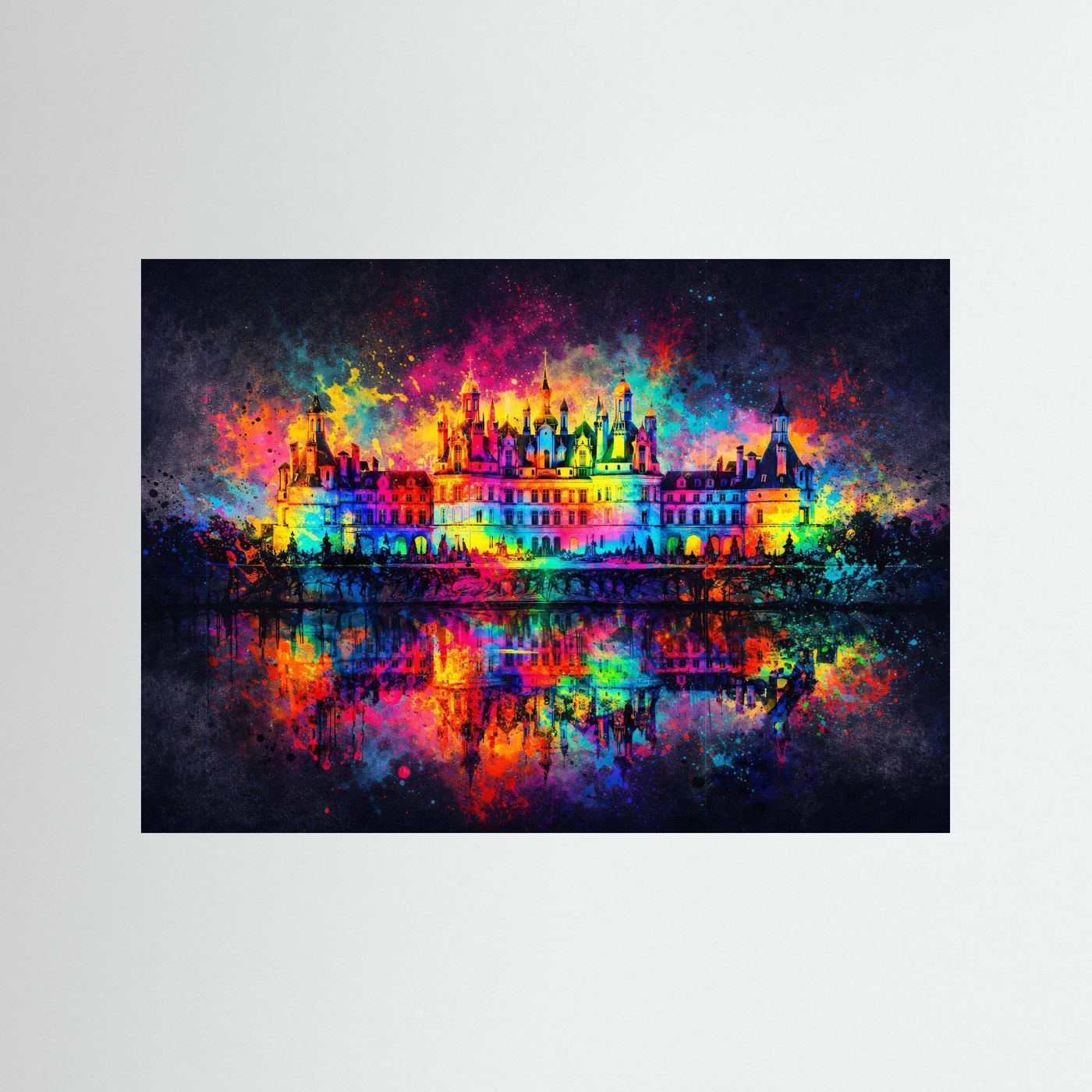 Prachtvolles Schloss mit Wasserspiegelung im Farbexplosion-Stil | Abstrakte Kunst Poster Querformat