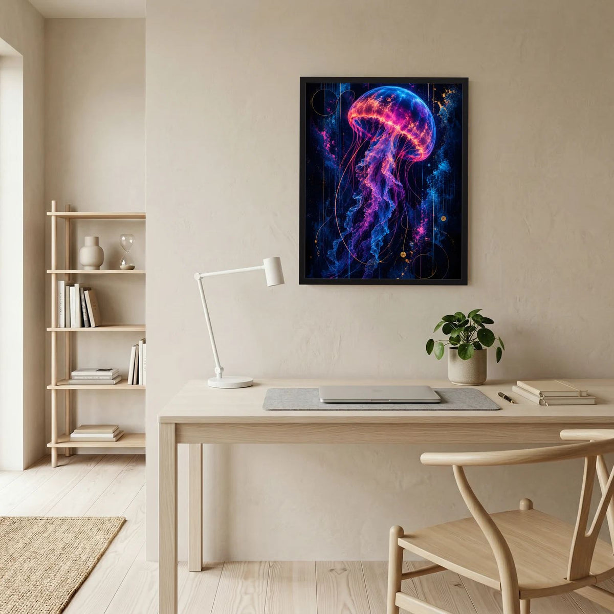 Gerahmtes Hochformat-Poster mit leuchtender Qualle in Neonpink, Blau und Gold