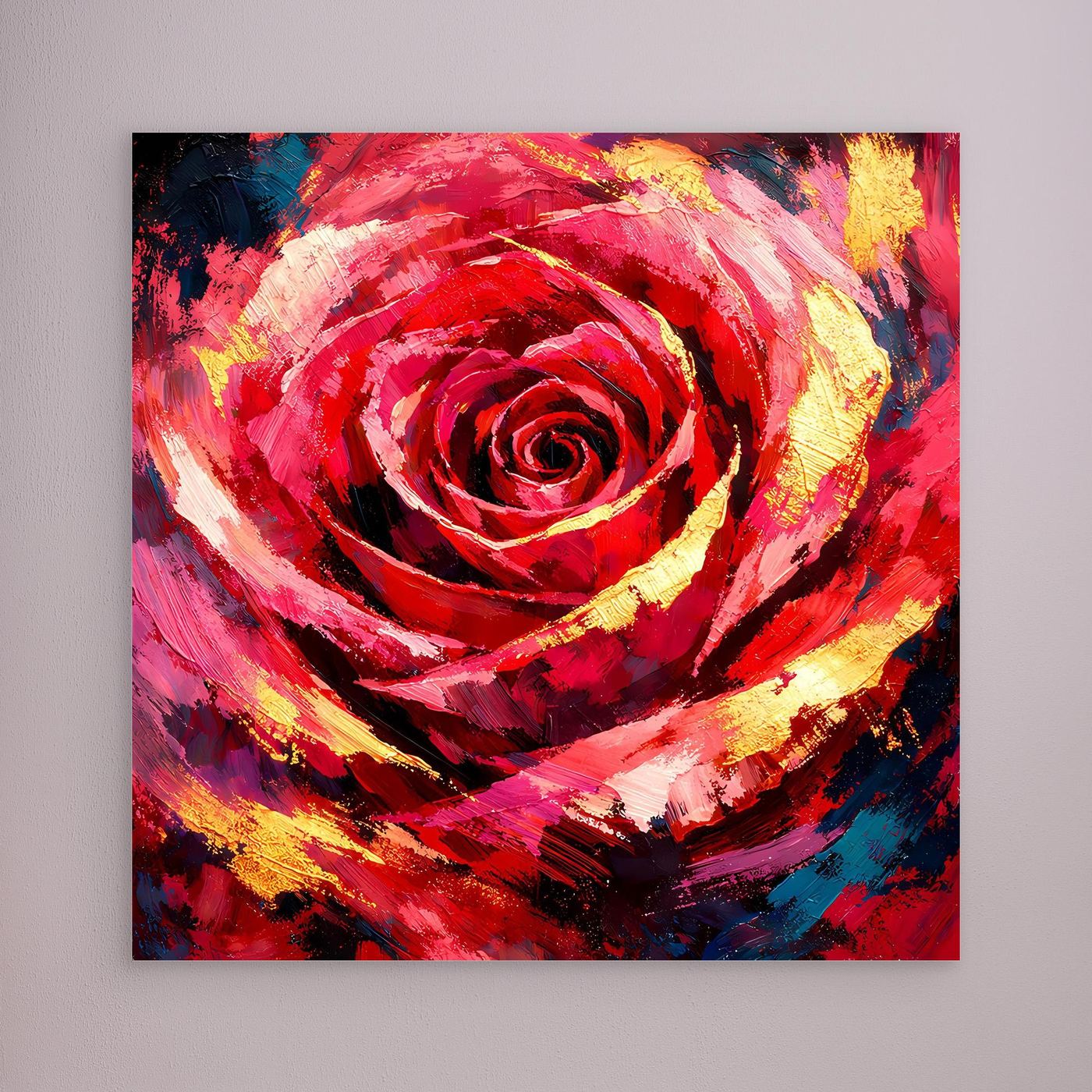 Leinwandbild mit abstrakter Rosenblüte in Rot, Gelb und Dunkelblau, ohne sichtbaren Rahmen