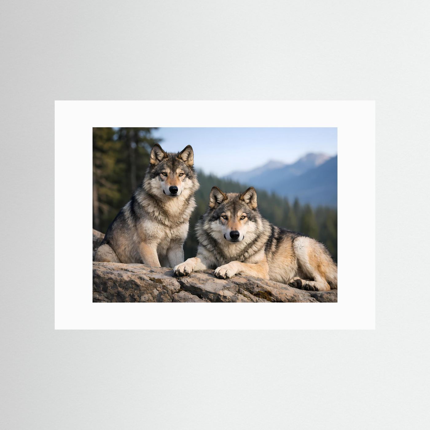 Poster mit Wolfspaar im Gebirge, querformatig, ohne äußeren Rahmen.