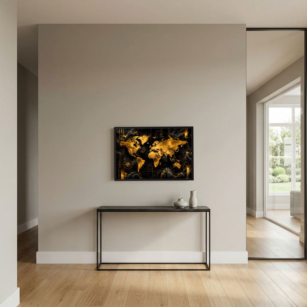 Weltkarte-Poster im schwarzen Rahmen, abstrakte Weltkarte in Schwarz und Gold, quer