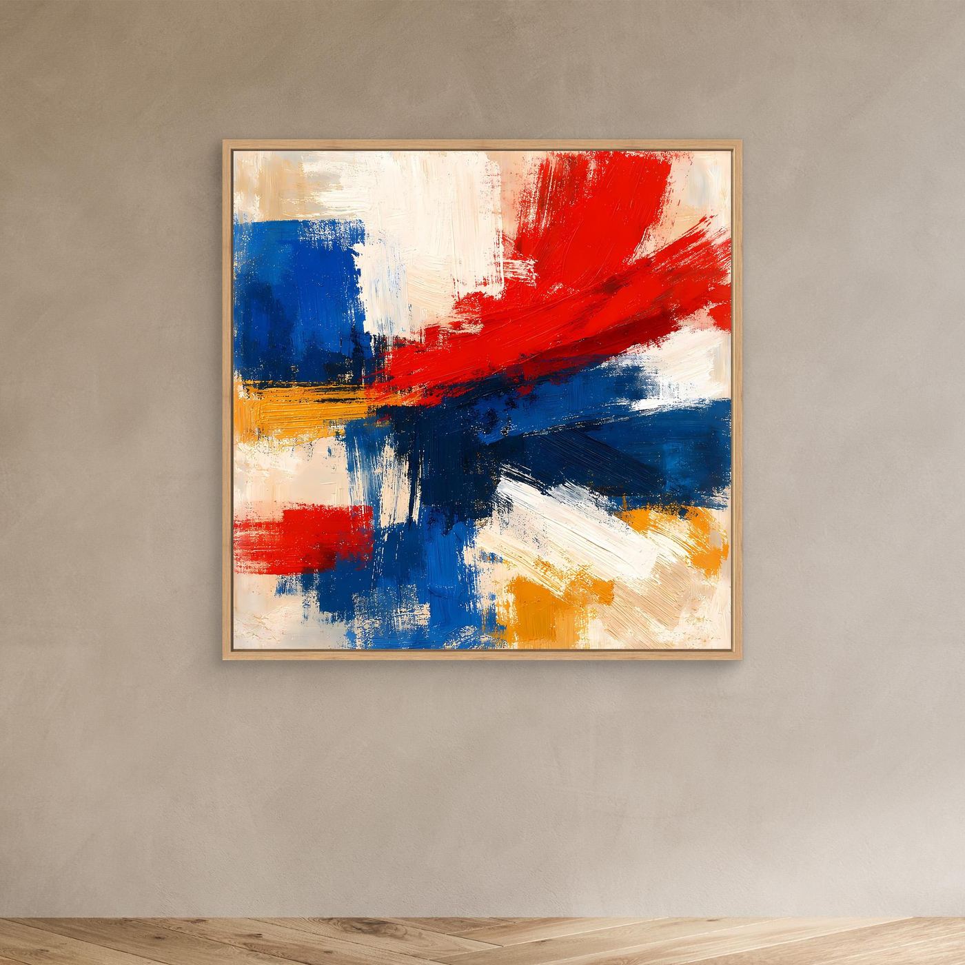 Framed abstract canvas wall art with red, blue, and yellow brushstrokes; oak frame