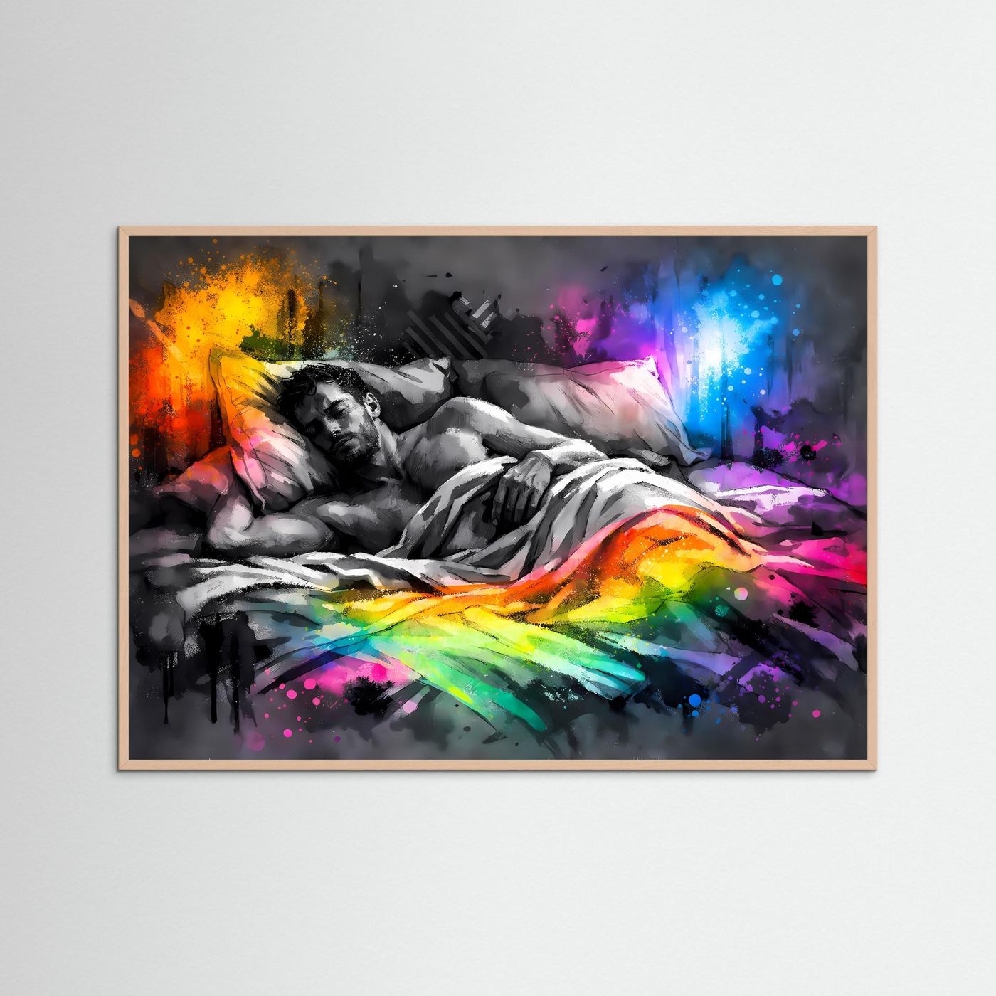 Schlafmotiv-Kunstposter im Querformat mit Regenbogenfarben und Farbspritzern, rosafarbenes Holzdekor