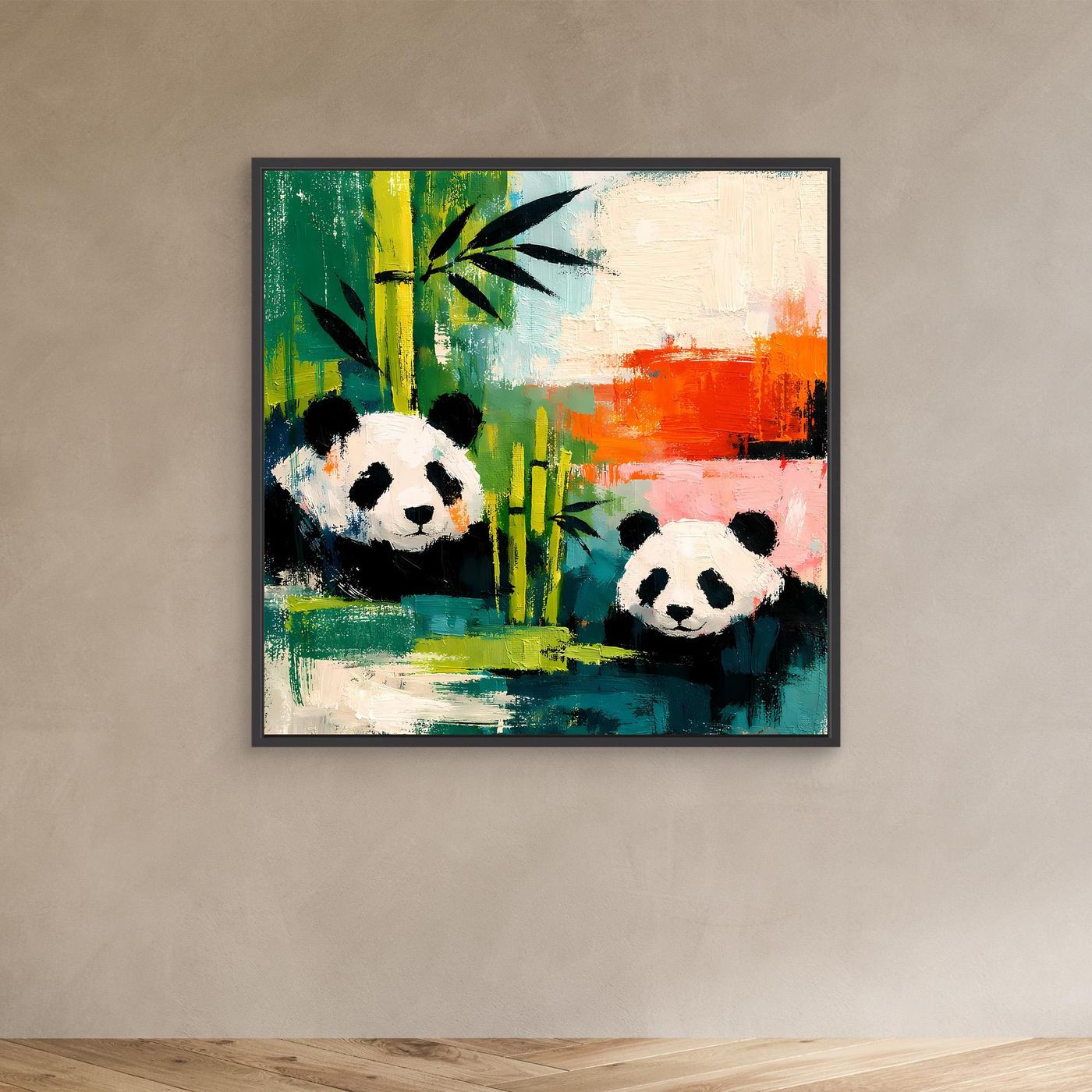 Black-framed canvas wall art with two pandas in a vibrant bamboo backdrop.