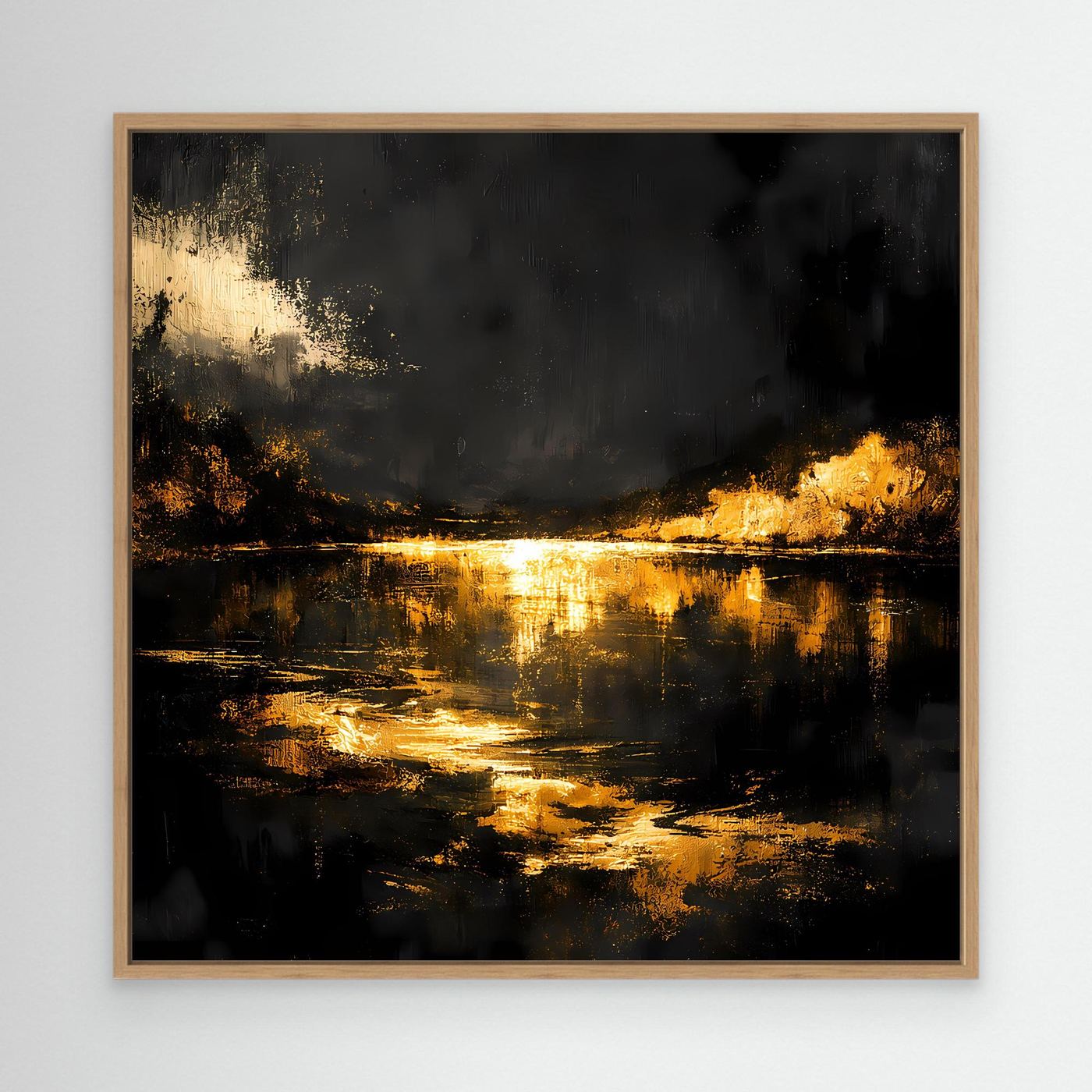 Leinwand Goldene Flusslandschaft bei Nacht | Abstraktes Natur Wandbild Moderne Kunst