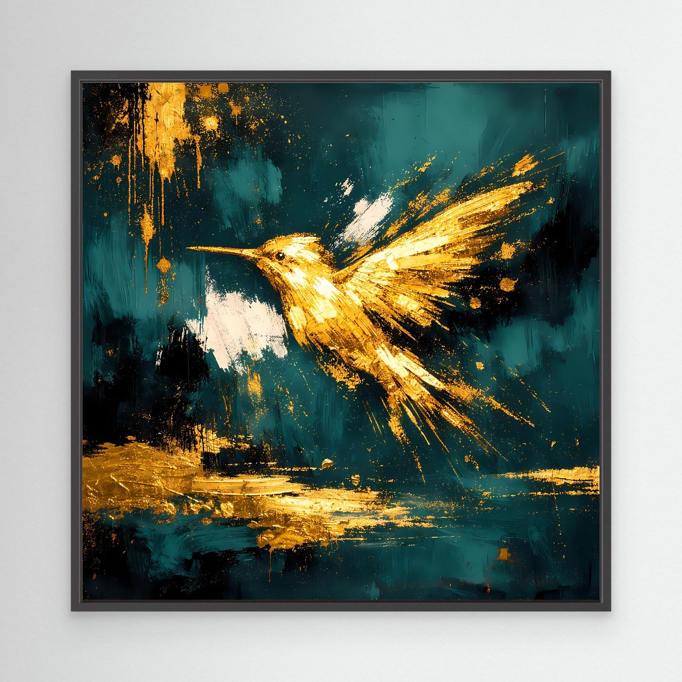 Leinwand Goldener Kolibri im Flug | Abstraktes Modernes Vogel Wandbild Kunst