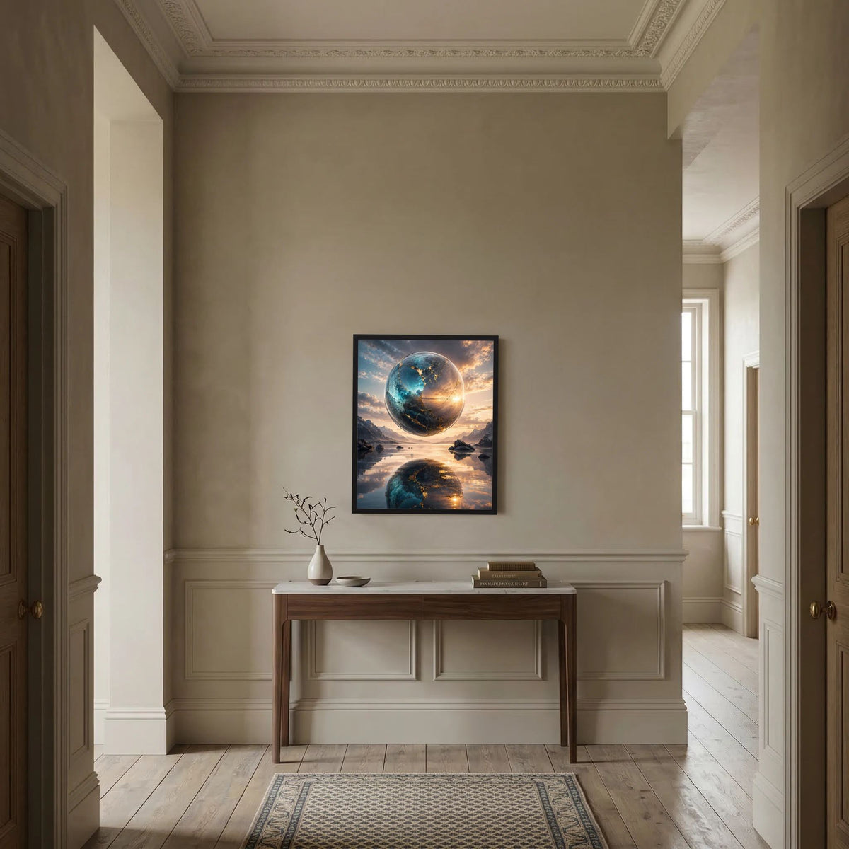 Schwarz gerahmtes Hochformat-Poster mit blauer und goldener Erdkugel im See spiegelnd