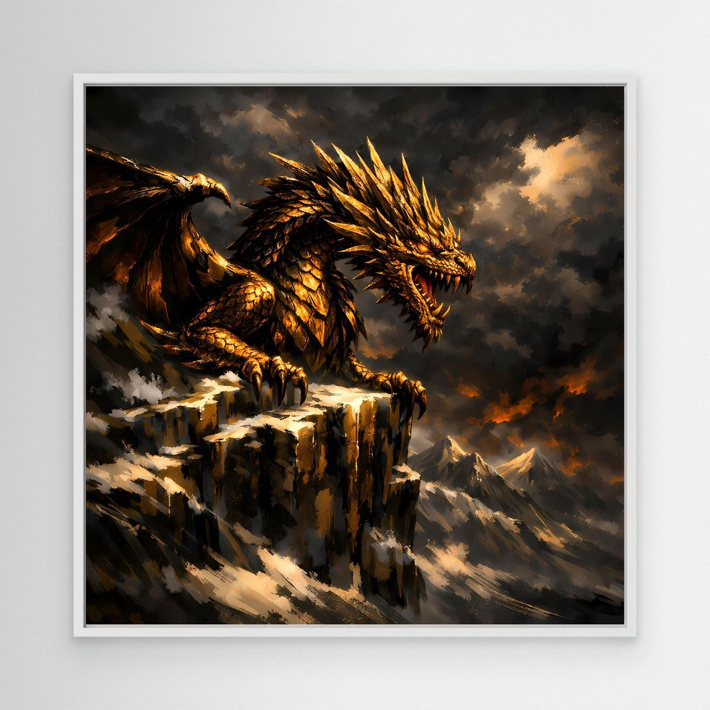 Leinwand Goldener Drache auf Felsgipfel | Episches Fantasy-Wandbild auf Keilrahmen
