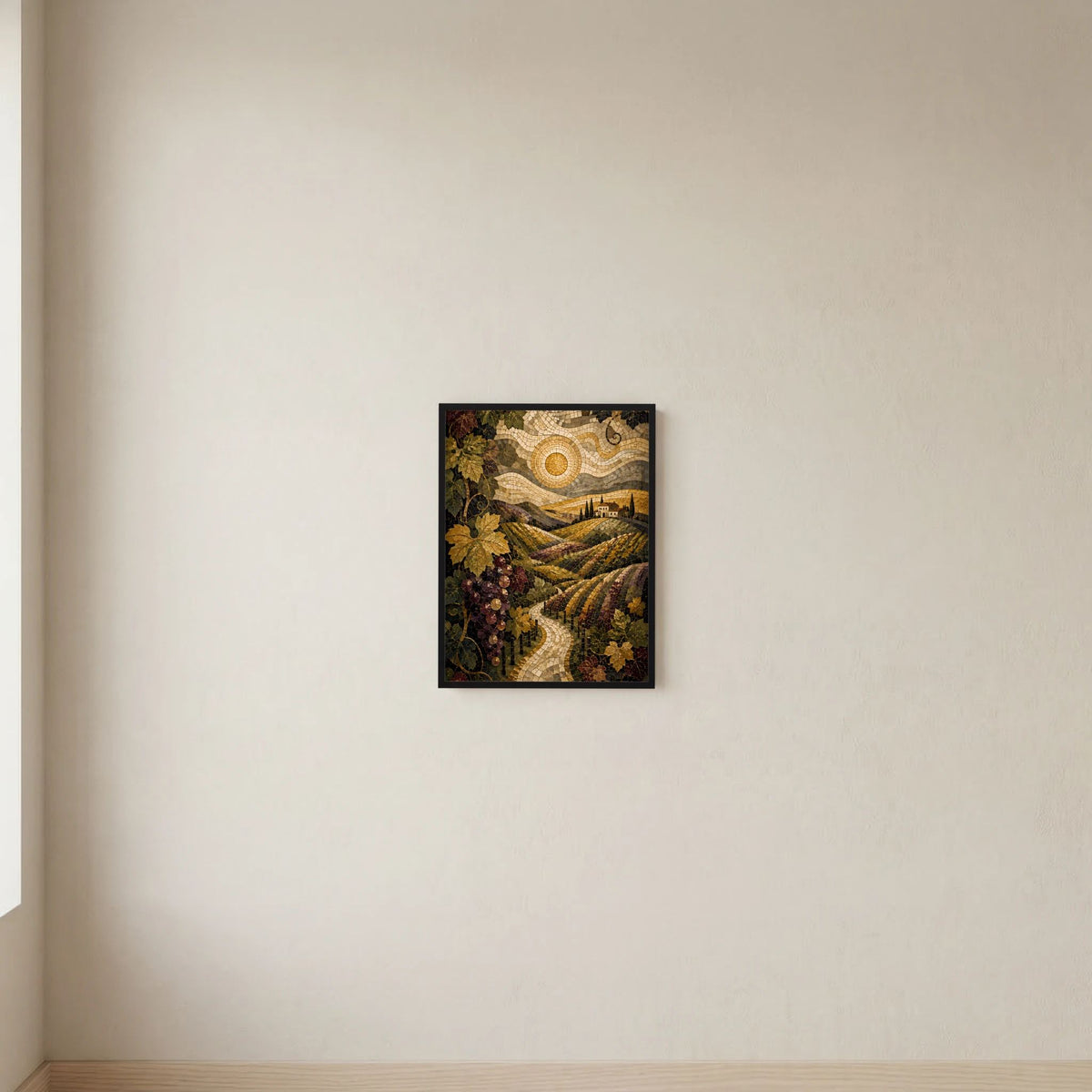 Kleines gerahmtes Hochformat-Poster mit mosaikartiger Weinberg-Szene, schwarzer Rahmen