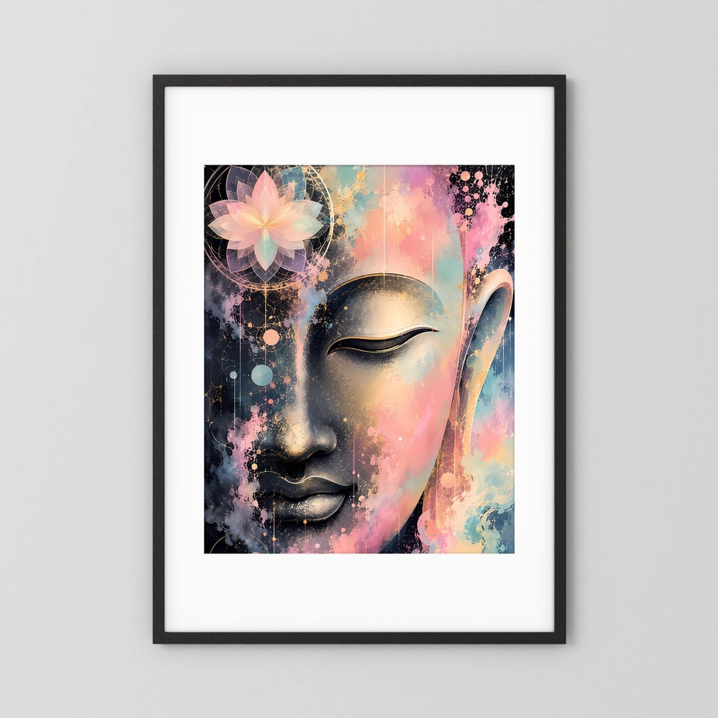 Kunstposter mit abstraktem Buddha-Gesicht in Pastellfarben, Gold- und Schwarzdetails im schwarzen Rahmen